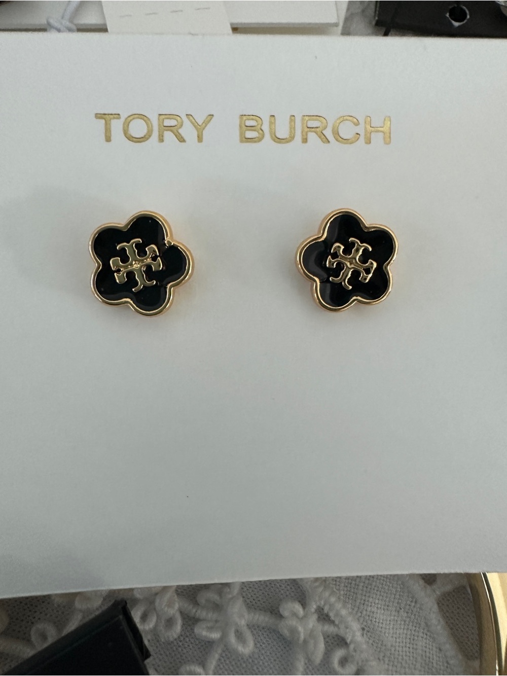Tory Burch Black and Gold Flower Stud Earrings